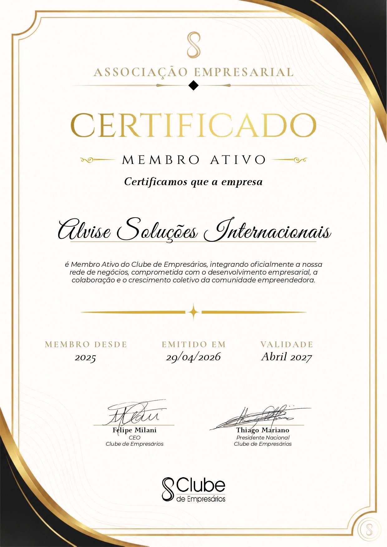 Certificado de Associação - Clube de Empresários
