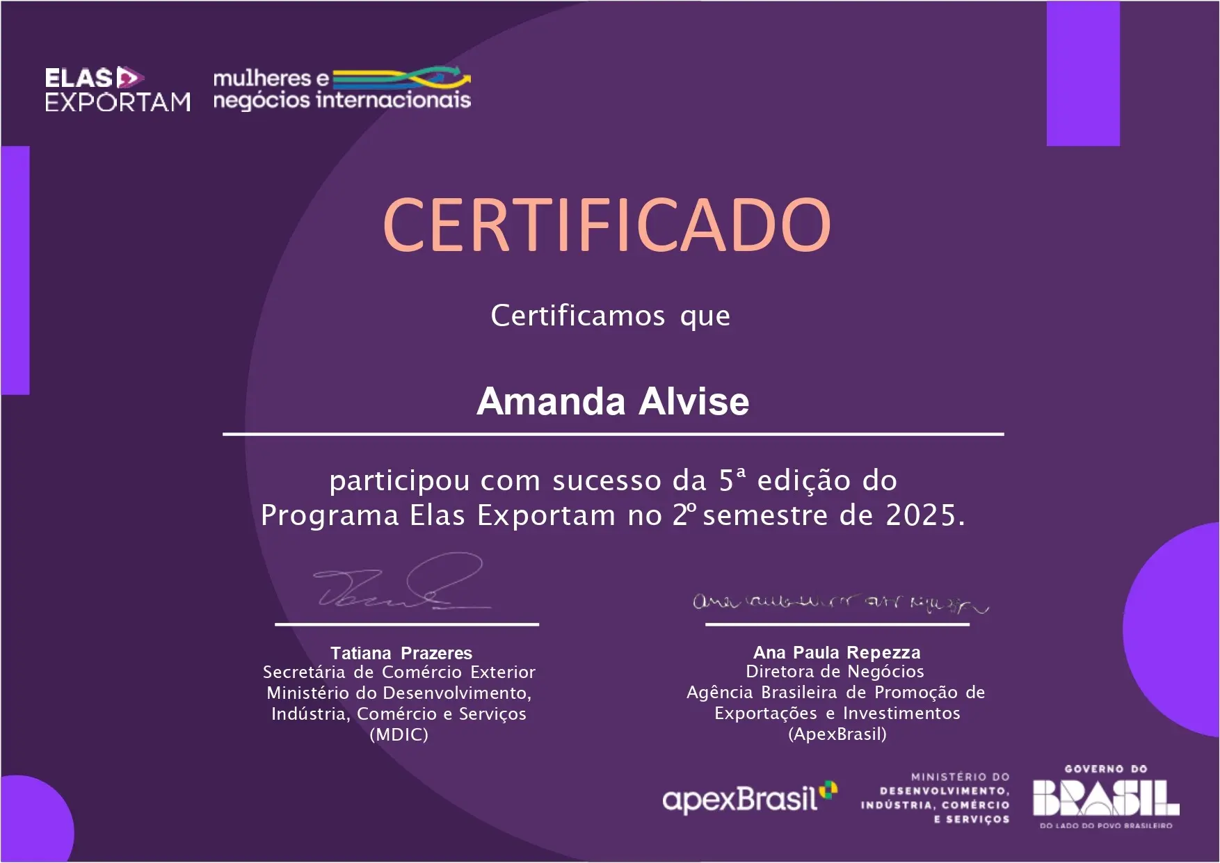 Certificado de Mentoria - Elas Exportam APEX
