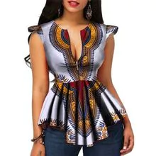 Algodão estampa saia de camisa feminina africana Dashikiv gola sexy T-shirt Ankara moda feminina