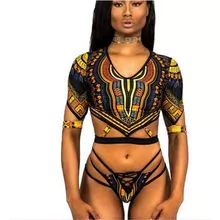 Sexy African Bikini Ethnic Half Sleeve Swimsuit Multi-rope Print One-Piece Swimsuit