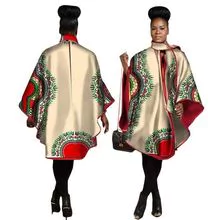 时尚蝙蝠袖连衣裙秋季非洲女式风衣棉质印花非洲传统服装