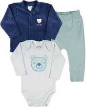 Conjunto de bebé niño de peluche, body y pantalón con osito bordado - Azul vaquero
