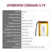 UFX 803450 1500mAh 3.7V Batería de litio Proveedor Batería OEM de alto voltaje Batería recargable de iones de litio
