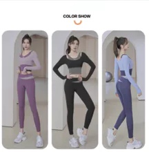 New Women's Quick Dry Running Fitness Tight Fake Two Piece Sports Top Set Long Sleeve Yoga Wear