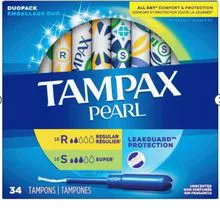 Tampons Tampax Pearl Regular/Super Absorbency com LeakGuard Braid -Duo Pack – Sem perfume – 34ct