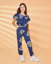 Conjunto infantil niña estampado cropopped y pantalón azul marino flores - Mundo Coala