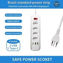 Fábrica de China Venta al por mayor Brasil Regleta de 4 enchufes con cargador USB, cable de extensión 4 enchufes con USB A y USB C, protección contra sobrecarga Zócalo de Brasil