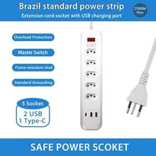 China Factory Wholesale Brazil Power Strip 5 Socket with USB Charger, TEMU Hot Sale Brazil Socket,