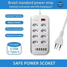 Regleta de enchufes al por mayor de Brasil de fábrica de China, 8 enchufes con 6 puertos de carga, zócalos de expansión de protección contra sobrecarga,