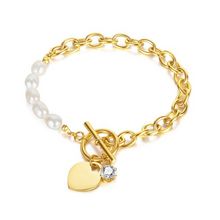 Ouro banhado aço inoxidável Pérola Link Chain Chain Bracelet Heart Shaped single Zircon Pendant Bracelet for Women