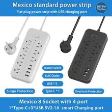 Hot Selling Surge Protection Power Strip in Mexico with USB Port, Flat Plug Extension Cord 8 Sockets, Office &amp; Home USB Power Socket with Overload Protection.