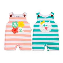 Conjunto de 2 piezas de mameluco de bebé a rayas sin mangas con flores y gatitos - Blanco