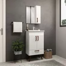 Conjunto Málaga 50cm com pés - balcão, espelheira e pia branco para banheiro