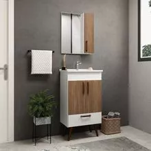 Conjunto Málaga 50cm com pés - balcão, espelheira e pia branco / carvalho para banheiro