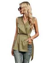 Item no.: W-T004 Spring/Summer New V-Neck Solid Color Sleeveless Tops Pinage Receiving Waist Casual Camcorder Woman