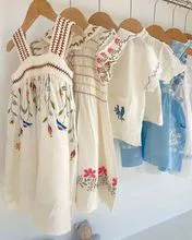 Algodão bordado e linho para vestidos de meninas