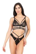 Conjunto de lingerie sensual com tiras strappy - PRETO
