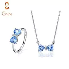 Blue Topaz Heart Bow Silver Ring &amp; Pendant Necklac