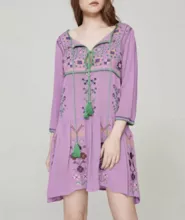 Man cotton crinkled embroidered tassel trim neckline tie A-skirt skirt
