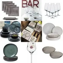 Vajilla de marca alemana, platos, vasos y tazas, cerámica y cristal, 18 €, categoría A/B/C, disponible.