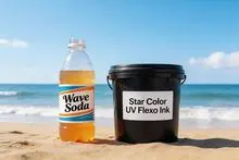 Tinta cian flexográfica UV de alta saturación, diseñada específicamente para etiquetas y envases flexibles.