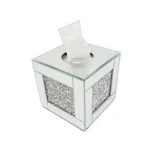 Mirror-shaped tissue box lid holder, square glass tissue holder with crushed diamond crystal, deluxe tissue storage box suitable for bathroom vanity tabletop, silver.