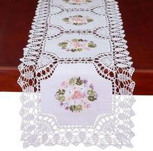 Vestido de mesa de renda de algodão em crochê feito à mão, cachecol, bordado de fita