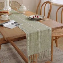 Caminho de mesa boêmio listrado bordado verde-sálvia, decoração rústica para casa