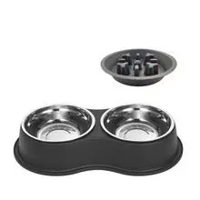 Comedouro duplo ecológico para cães e gatos, tigela de aço inoxidável removível, base antideslizante e alimentador lento