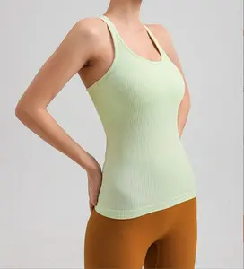 Camisas esportivas de ioga com decote redondo e sem costura