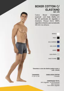 Cueca Boxer de Algodão e Elastano.