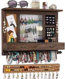 Jewelry box solid wood earring bracelet showing storage rack...