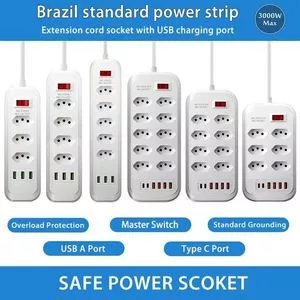 电源插座带过载保护，4插座电源板带USB充电端口，浪涌保护延长线8插座带6端口，巴西电气插座
