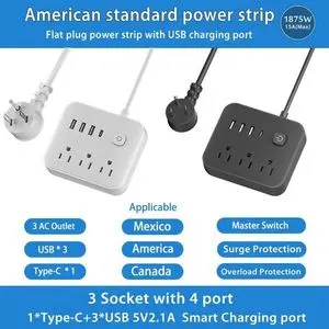 浪涌保护电源板带USB端口,扁平插头延长线3插座,电源插座带过载保护.