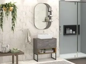 Bathroom set with countertop legs, mirror cabinet, and white...