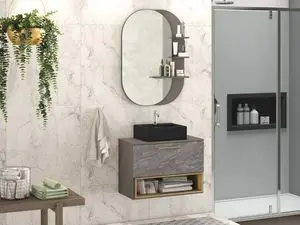 Suspended bathroom cabinet set, mirror, and black sink Vicenza...