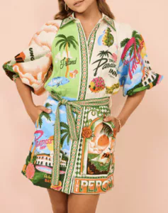 Vestido resort com estampa de posição em mistura de cânhamo