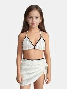 女童挂脖分体裙式泳衣 褶皱设计撞色边小公主泳装